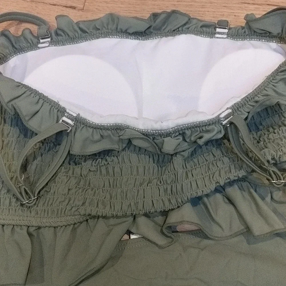 Ruched Shirred Bandeau Olive Green Bikini Medium